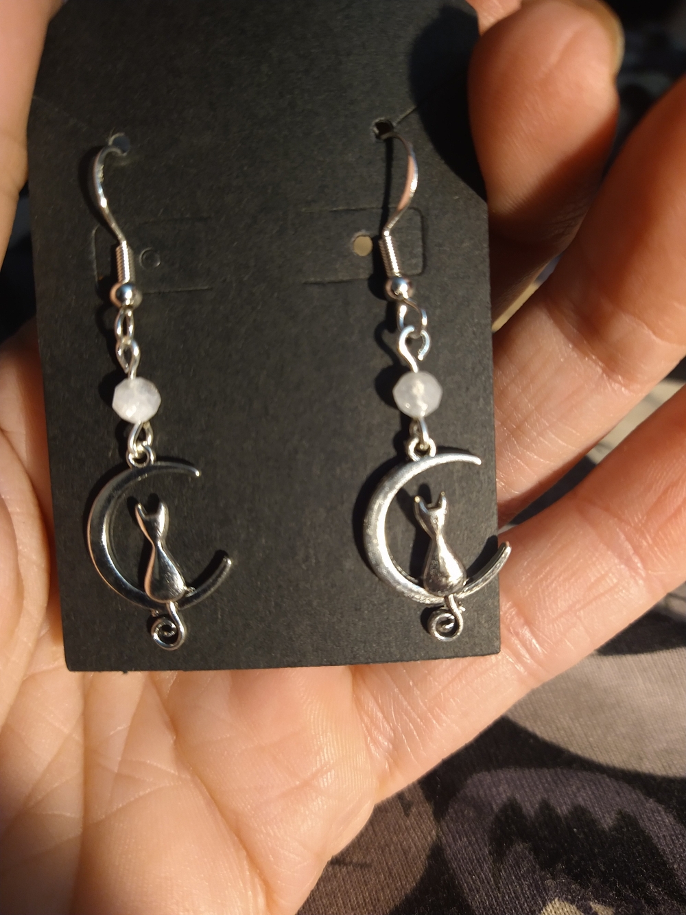 Moonstone Silver Cat on Crescent Moon Dangle Earrings